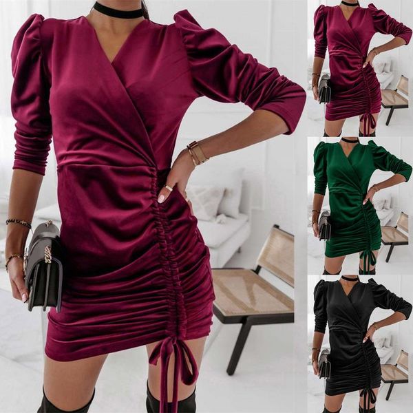

casual dresses autumn winter dress 2021 women velvet puff sleeve package hip v-neck drawstring elegant fashion mini, Black;gray