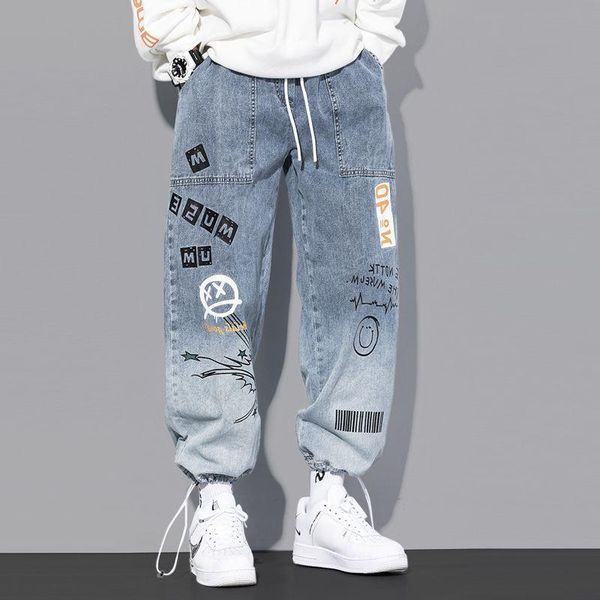 

man hi street baggy hip hop jeans joggers fashion graffiti denim trousers loose fit printed jogger pants big size 5xl men's, Blue