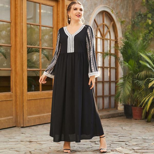 

plus size dresses fridayin v-neck long-sleeved fashion print stitching pleated waist trimming black long dress