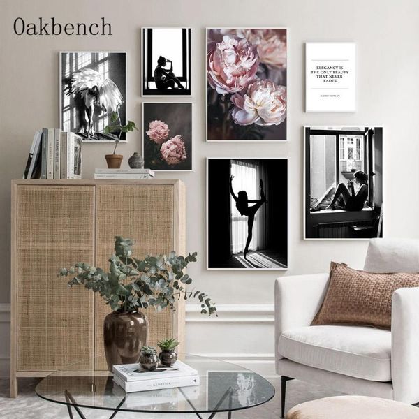 

paintings peony flower canvas poster black and white wall painting window girl art print nordic pictures for living room decoration