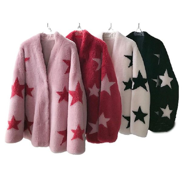 

women's fur & faux 2021 arrival star casual oversize coat 100% wool sheep jacket v neck vintage ladies drop overcoat, Black