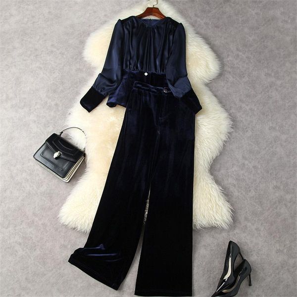 

women's two piece pants velvet wide leg sets elegant women outfits autumn winter fashion patchwork peplum + long trousers suits blue, White