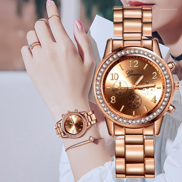

wristwatches 2021 watches women classic geneva luxury ladies womens full steel crystal relogio feminino metal wristwatch, Slivery;brown
