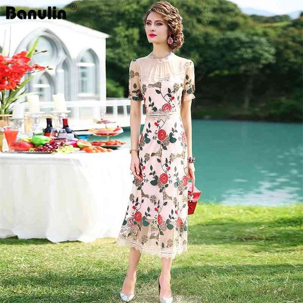 

banulin runway summer dress women's flare sleeve ruched lace embroidery flowers elegant mesh hollow out midi dresses 210603, Black;gray