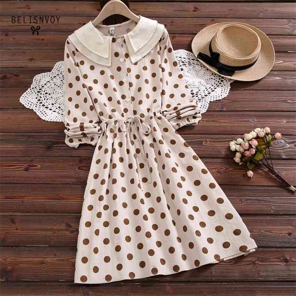 

japanese preppy style spring autumn women cute dress double-layered collar pink apricot polka dot cotton sweet 210520, Black;gray