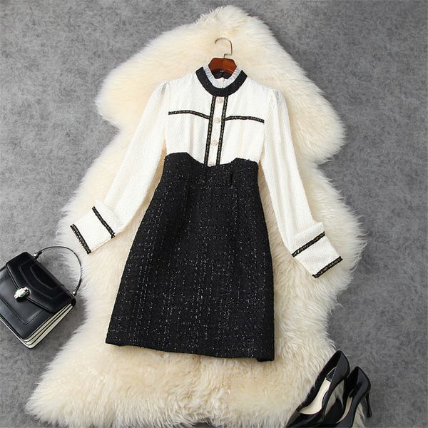 

two piece dress runway fashion long sleeve plied contrast shredded color tweed dress in wool spring woman elegant office clothes bv40, White