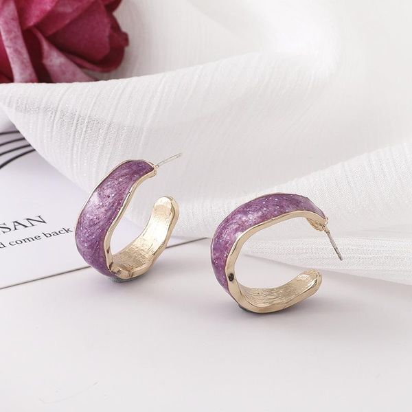 

hoop & huggie minar french elegant glitter purple enamel c shape earrings gold color metallic circle open statement for women, Golden;silver