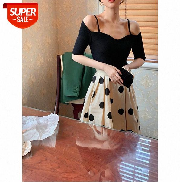 

french retro design off-the-shoulder strap knit sweater five-point sleeve square collar female chao #vx1z, Black;gray