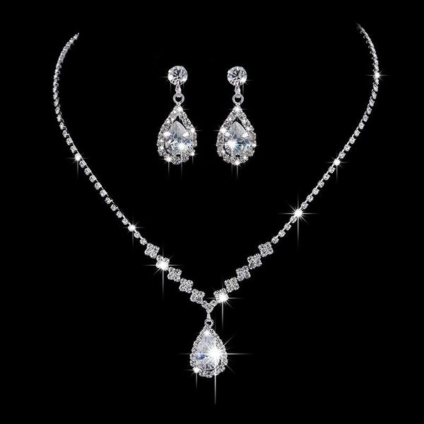 

earrings & necklace luxury female white crystal jewelry set charm silver color wedding dangle for women cute bridal geometry chain