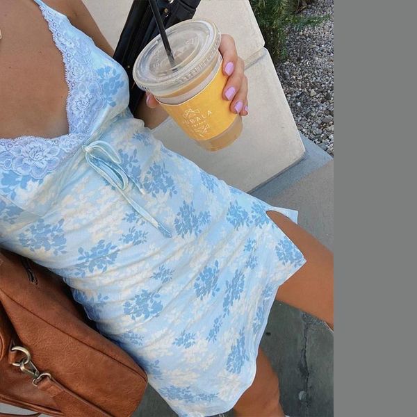 

casual dresses v neck lace sleeveless mini dress women split summer backless spaghetti strap short ladies printed beach, Black;gray