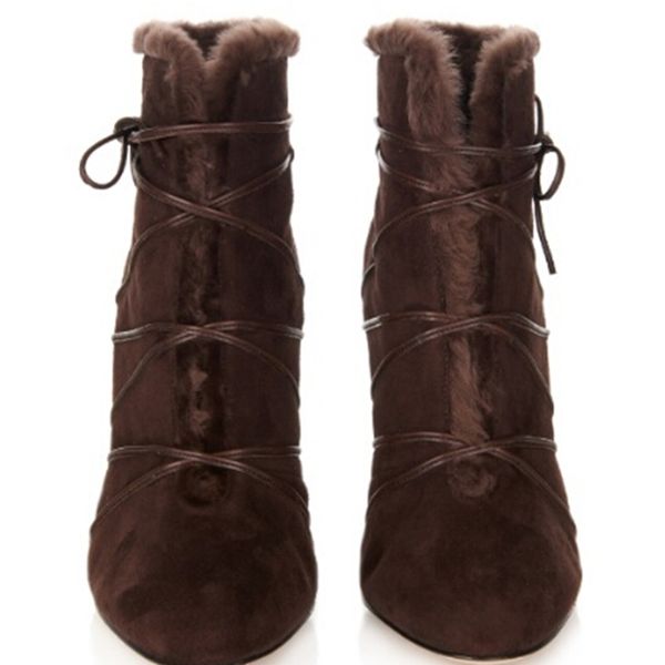 

boot fur sales in brown winter ankle boots peep toe lace-up high heels fashion women with straps, Black