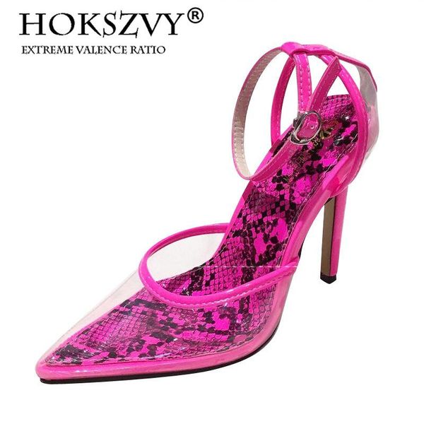 

color matching women's fluorescent pointed transparent hollow buckle classic high heel sandals cwf, Black