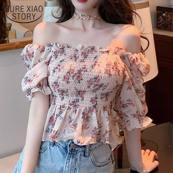 

chemisier femme summer short off-shoulder puff sleeve women elegant floral short sleeve chiffon shirt female 10092 210527, White