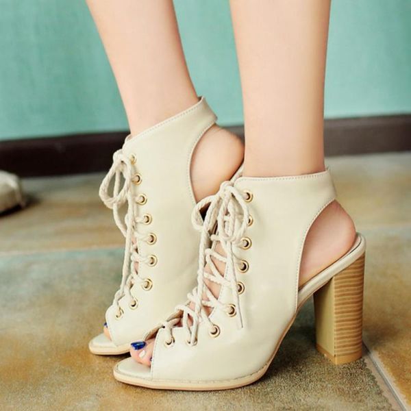 

wholesale women shoes fashionable designer gladiator sandals block heels lace-up peep toe summer stylish, Black