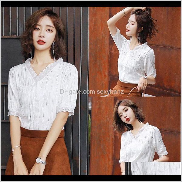 

shirts clothing apparel drop delivery 2021 women wild fashin hollow solid color shirt vneck loose blouse vintage sevenpoint sleeve botto, White