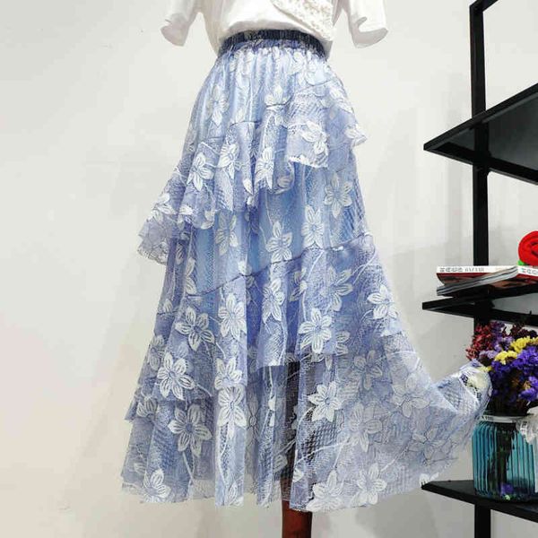 

skirts floral casading long skirt elastic waist crochet flower lace cakee layered a-line calf longskirt blue ivory, Black
