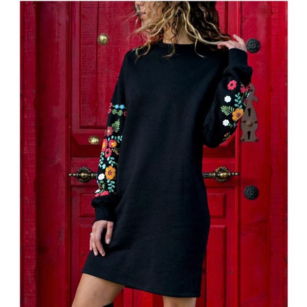 

casual dresses women floral printed long sleeve dress ladies spring round neck loose cotton jersey middle mt4183, Black;gray