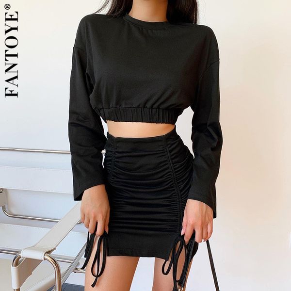 

women's tracksuits ruched drawstring long sleeve women two piece suit skinny o neck crop and elastic skirt sets solid black female set, Gray