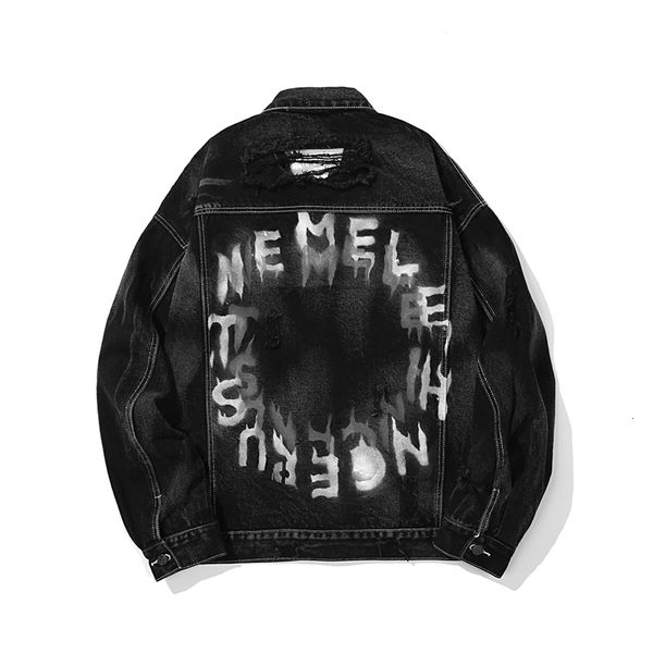 

men's jackets high street lets retro oversize denim coat men and women torn lapel hole letter print jeans jacket casual loose hip hop t, Black;brown