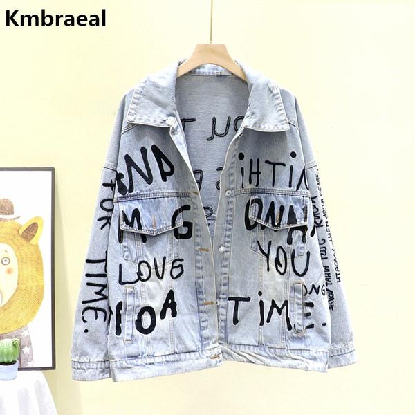 

loose letter embroidery women denim jacket harajuku large size coat single-breasted turn down collar female women's jackets, Black;brown