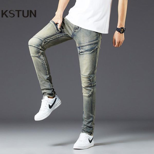 

men's jeans moto men skinny slim fit stretch retro blue hide pockets pants streetwear patchwork trousers