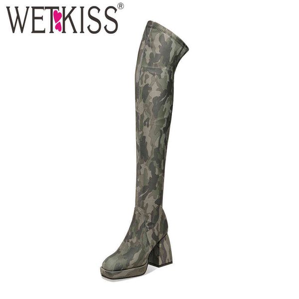 

wetkiss over the knee boots women stretch fabric thigh high camouflage shoes square toe platform boots female 210630, Black