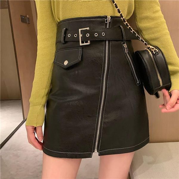 

skirts womens pu leather skirt autumn spring streetwear casual street style wear bodycon pencil high waist mini, Black