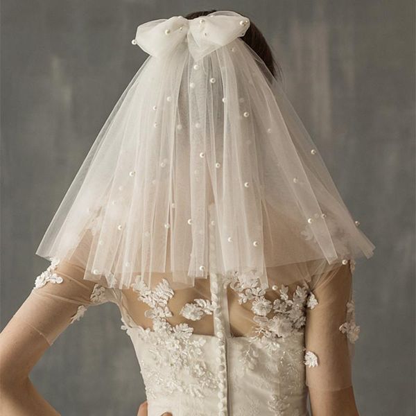 

bridal veils veil, big bow, double-layer pearl hand-stitched hair comb, short european and american po studio props, Black