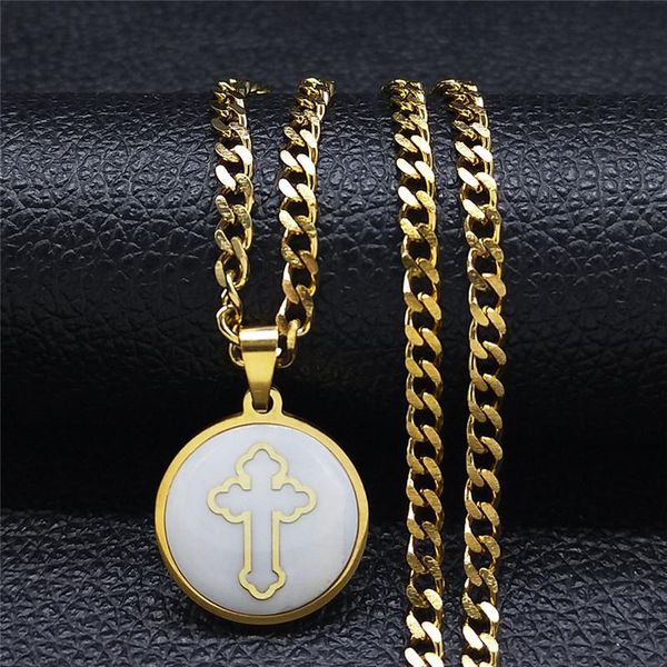 

pendant necklaces christian jesus cross stainlessÂ steel shell necklace round gold color chain jewelry bijoux acier inoxidable nxs05, Silver