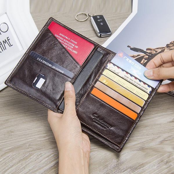 

contacts casual genuine leather male wallet p holder passport card for travel purse with zipper pocket, Red;black