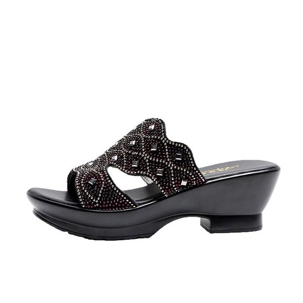 

slippers women's open toe rhinestone decor breathable chic comfy wedge heel, Black
