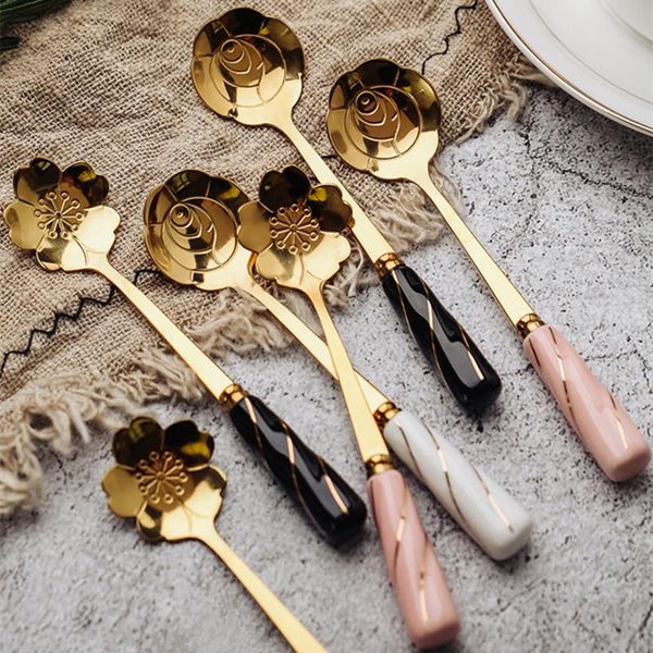 

coffee tea mixing spoons tableware stainless steel rose shaped teaspoon ceramic handle dessert scoop kitchen drinking tools