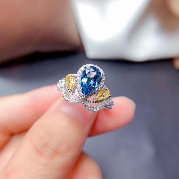 

cluster rings natural swiss blue z ring s925 sterling silver water drop gemstone jewelry woman, Golden;silver