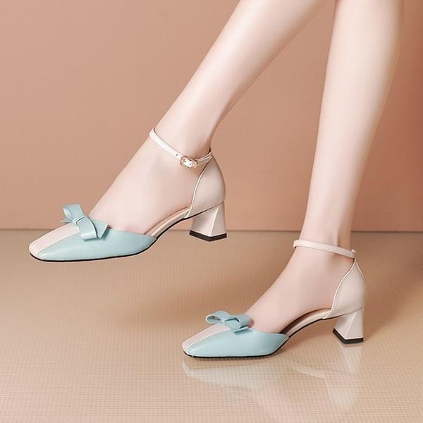 

women pumps soft cow leather autumn spring blue color gladiator bow-tied buckle strap high heels size 42 dress shoes, Black