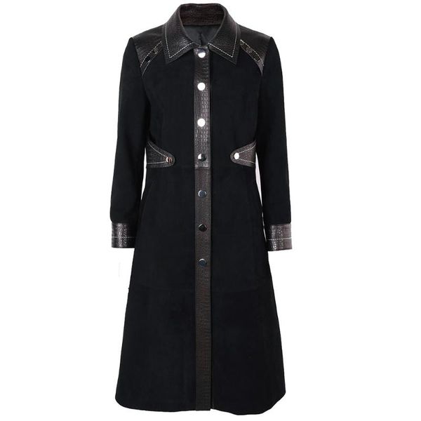 

women's leather & faux yoloagain women long suede coat ladies elegant single breasted trench outerwear, Black