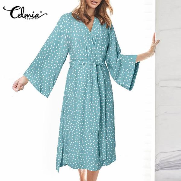 

women casual lounge midi dress celmia long sleeve robes loose polka dot printed homewear plus size bandage oversized sleep robe women's, Black;red