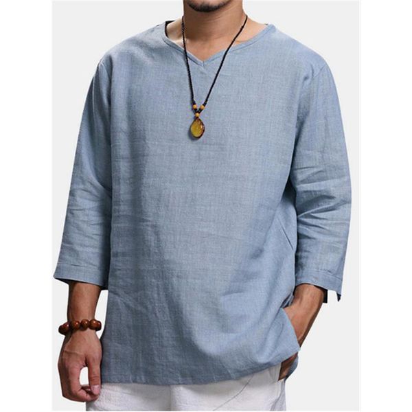 

men's casual shirts solid linen men summer o neck retro three quarter sleeve pullover clothing beach loose, White;black