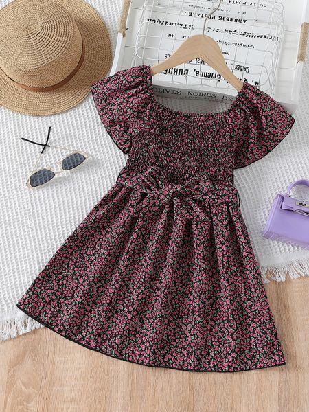 

toddler girls ditsy floral shirred puff sleeve belted dress she, Red;yellow