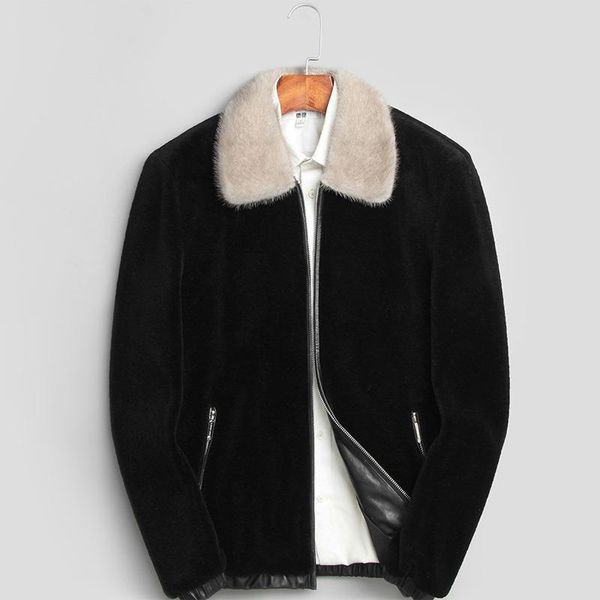 

sheep shearing and fur all-in-one men's leather jacket short lapel wool mink & faux, Black