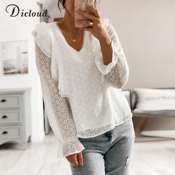 

lace shirt women spring 2021 hollow out black white long sleeve blouses female elegant ruffle clothing ladies women's & shirts