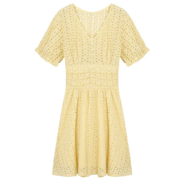 

perhaps u white blue yellow light green v neck hollow out short sleeve mini solid imitation pearl button women summer d1729 210529, Black