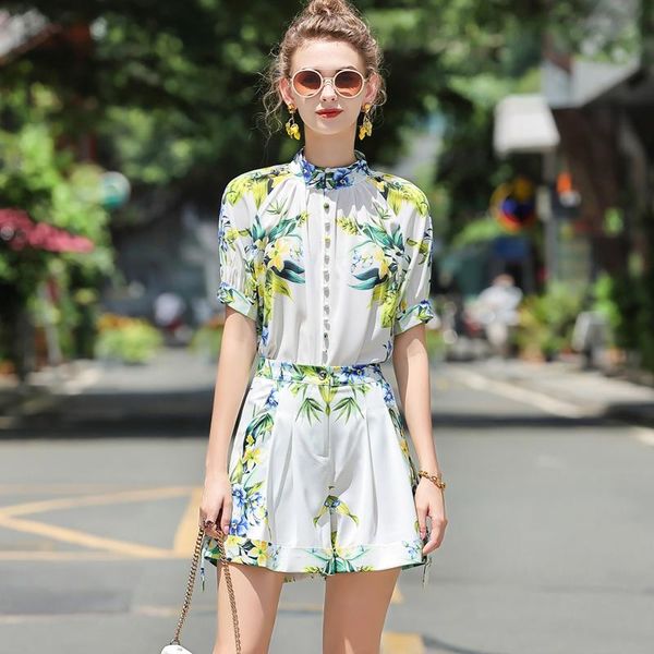 

women's tracksuits fashion summer women printed sets single breasted shirt + a-line casual shorts elegant two-piece suit, Gray