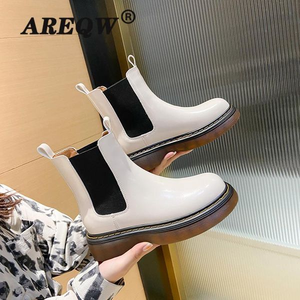 

boots 2022 chunky fashion platform women ankle female sole pouch botas mujer round toe slip-on altas, Black