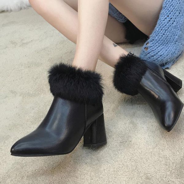 

boots women high heel shoes solid color pointed toe zipper casual cas, Black