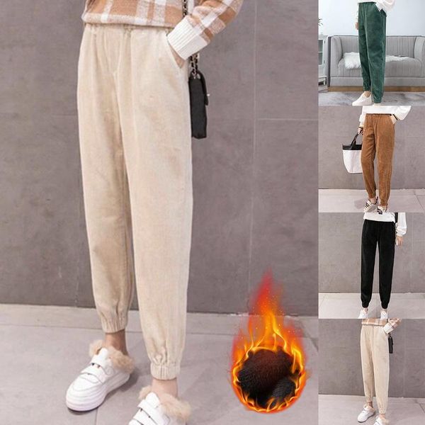 

women's pants & capris 2021 elastic high waist harem fleece trousers winter women casual corduroy warm thick plush female long, Black;white