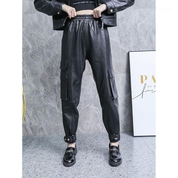 

women's pants & capris super harlan leather handsome cargo autumn european trendy brand real sheepskin, Black;white
