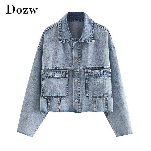 

fashion blue denim jacket women loose long sleeve pockets single breasted coat turn down collar casual short jackets 210414, Black;brown