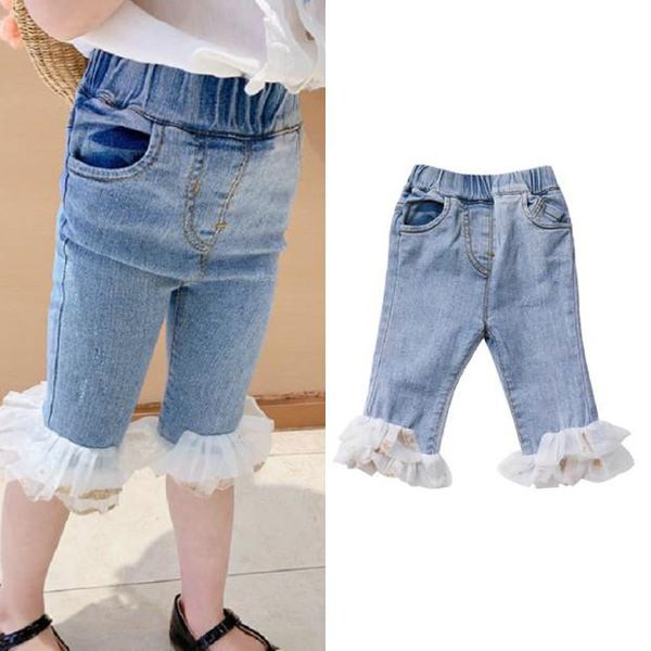 

jeans fashion baby girls lace decoration ankle mid-length skinny for high elastic kids denim pants 2-7t, Blue