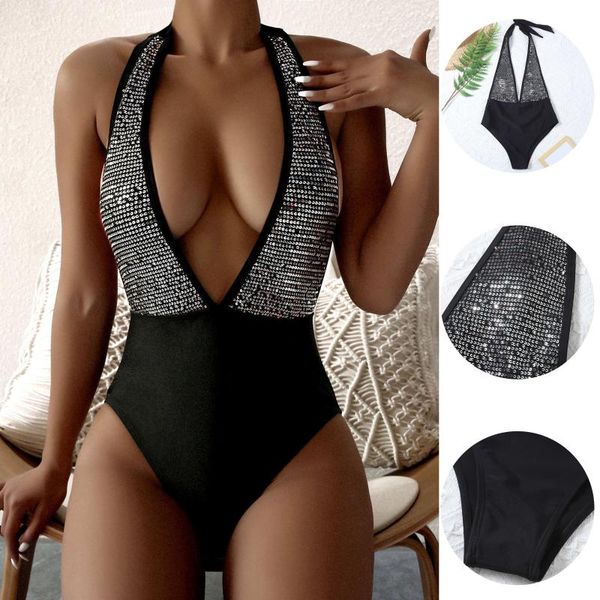

one-piece suits 2021 one piece swimsuit women sequin bikini swimwear gold bandage lace up push-up monokini brazilian backless beachwear