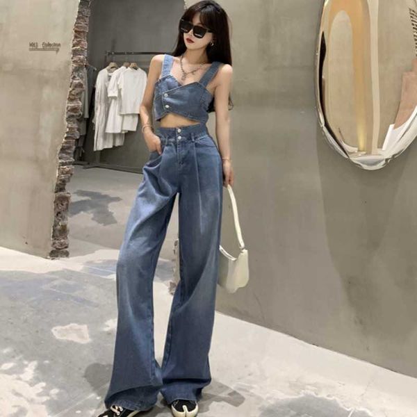 

summer fashion korean women short denim slim strap + loose jeans two-piece set 210531, White
